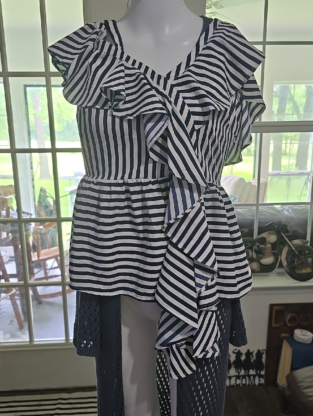 Stylish asymmetrical Top with Navy and White Striped Ruffle Wrap Peplum Sz 4